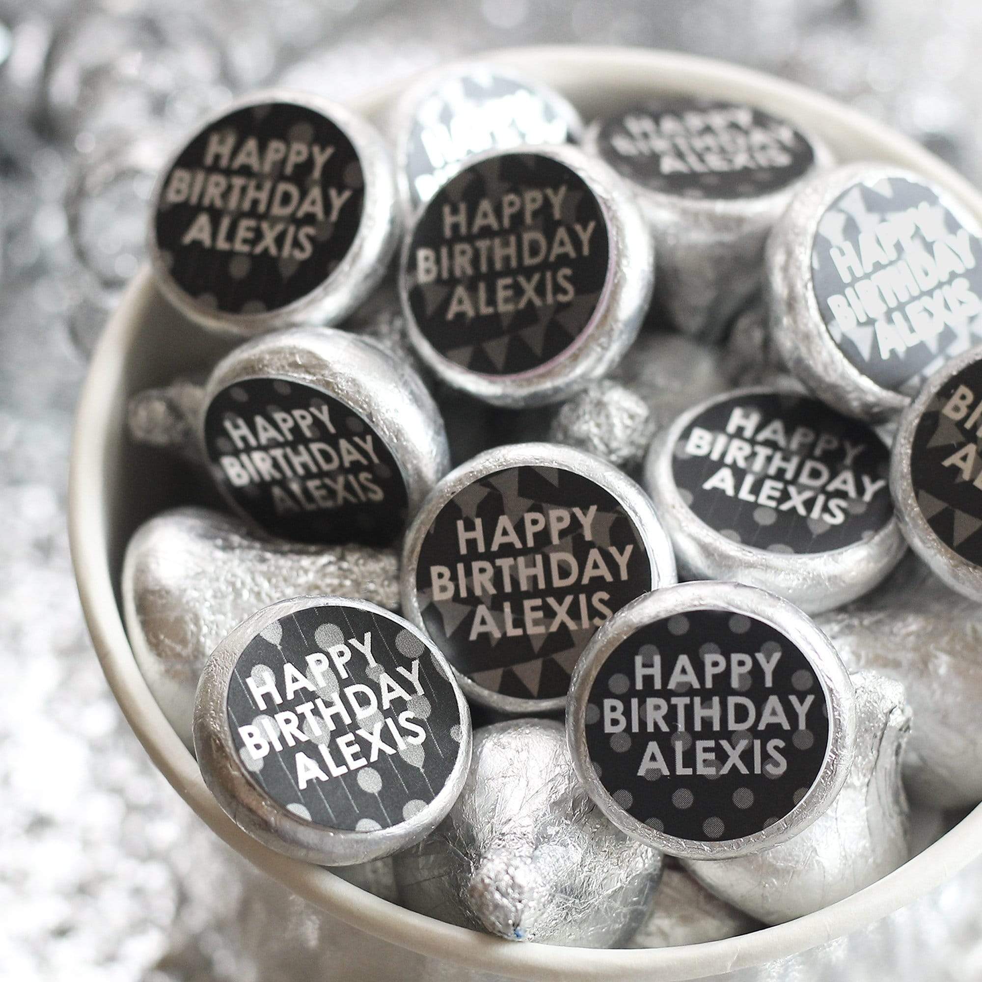 Silver Black Personalized Happy Birthday Party Favor Stickers With Name - 180 Stickers